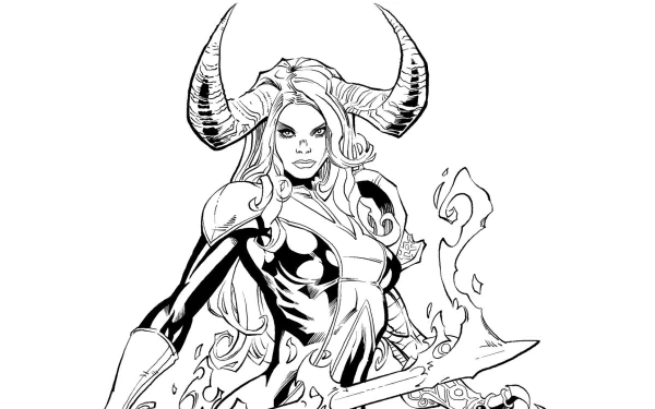 A striking black and white illustration of Magik from Marvel Comics, featuring her powerful stance with a sword and fiery elements, designed as an HD PC desktop wallpaper.