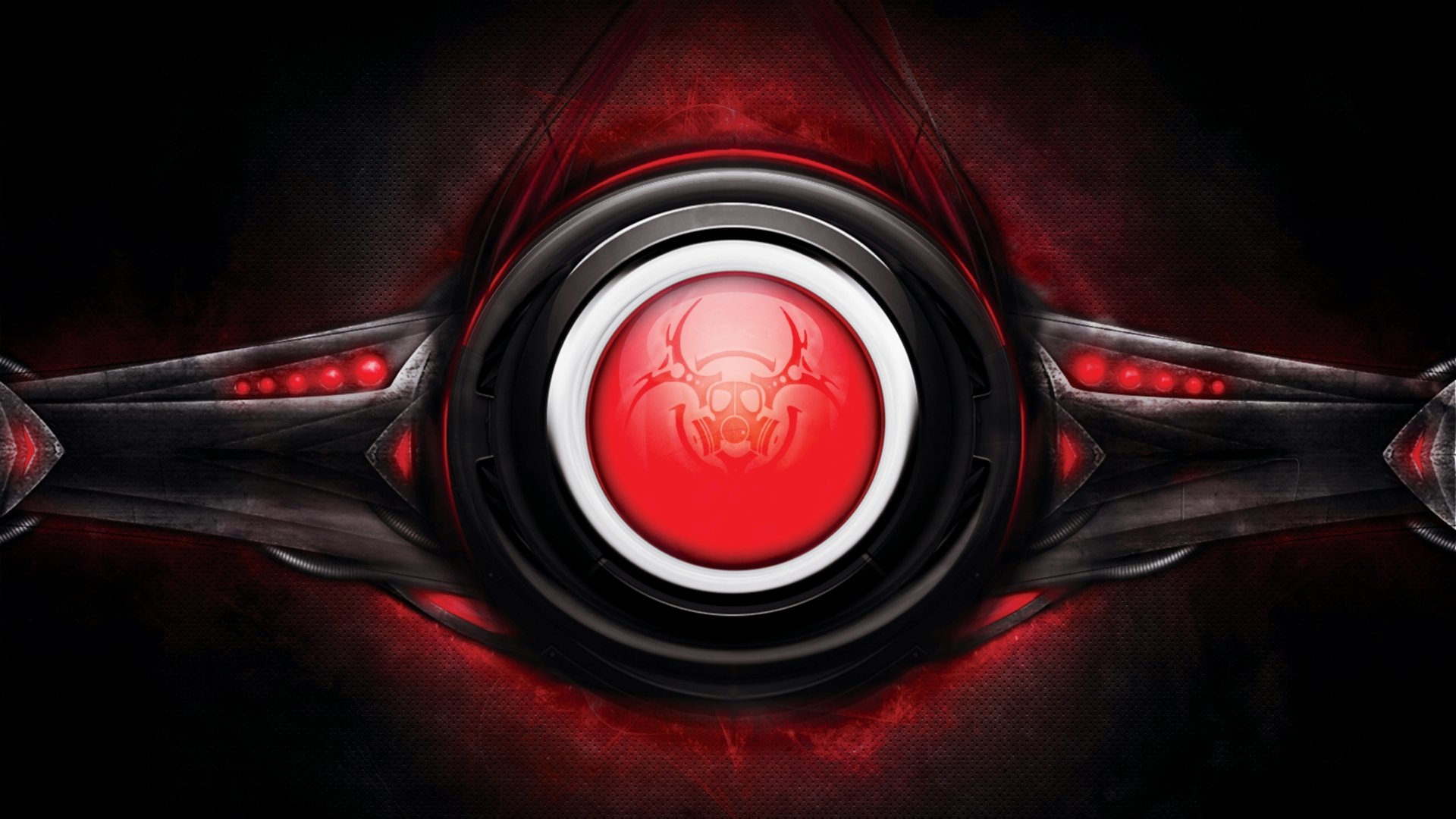 Sci-fi biohazard emblem: glowing red orb with skull hazard icon in a black metallic ring and red lights — 5K Ultra HD PC desktop wallpaper background