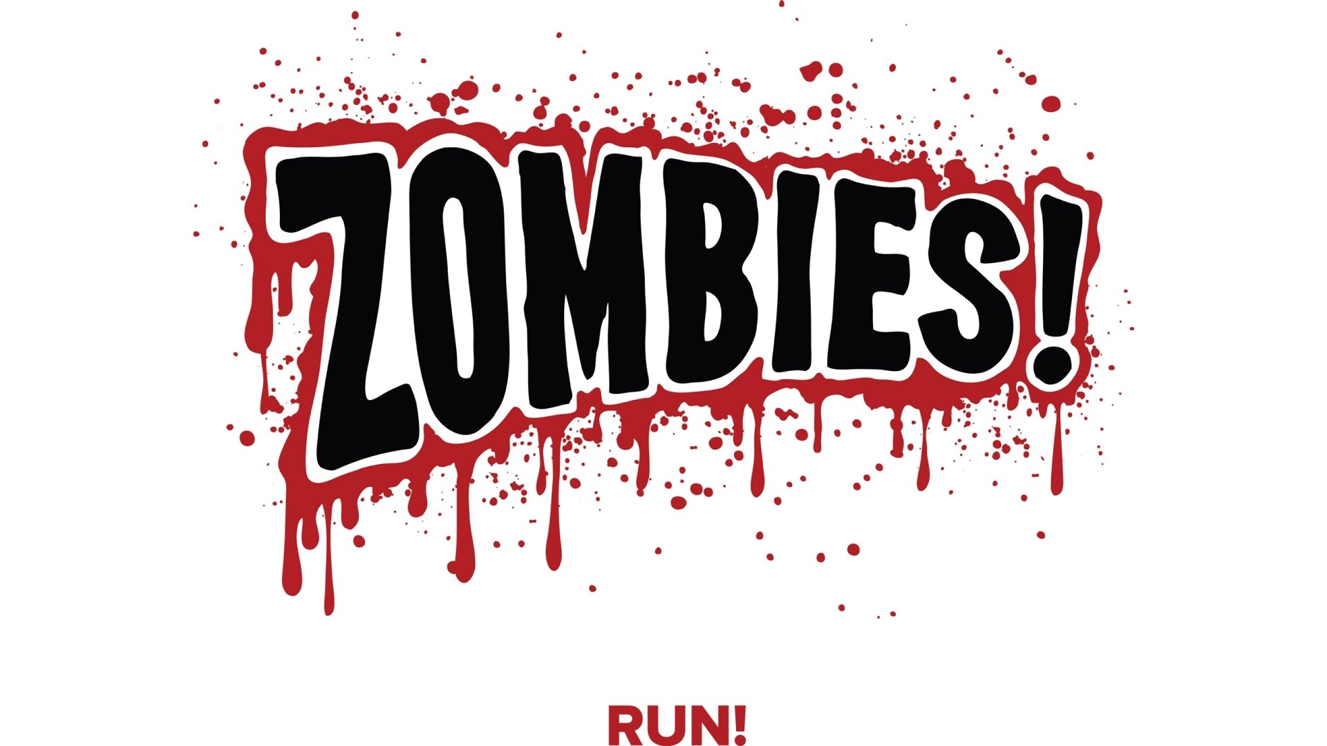 Dark zombie 2K Quad HD PC desktop wallpaper: bold 'ZOMBIES!' text with dripping blood and splatters, 'RUN!' warning beneath.