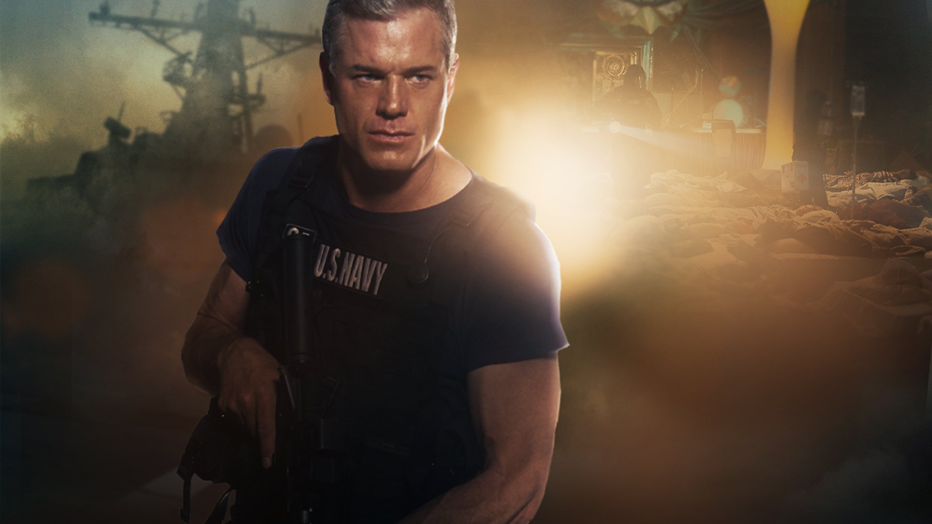 HD PC wallpaper from TV show The Last Ship: a muscular sailor in a US Navy T‑shirt grips a rifle on a dim, smoke-filled ship deck, bathed in dramatic golden backlight.