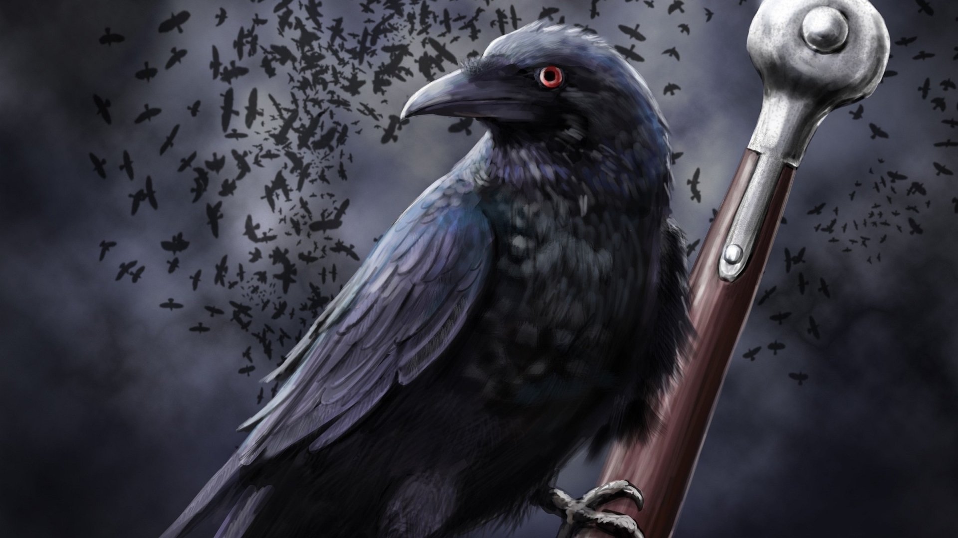 A mystical raven perches on a staff, surrounded by swirling shadows of birds, creating a captivating fantasy atmosphere in this HD desktop wallpaper.