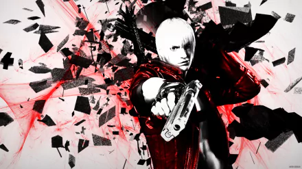 Dante from Devil May Cry 3: Dante's Awakening stands confidently with a gun, surrounded by a dynamic backdrop of red and black shards, capturing the game's intense energy.