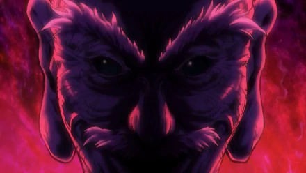 HD wallpaper of Isaac Netero from Hunter x Hunter, featuring his intense gaze against a crimson backdrop.