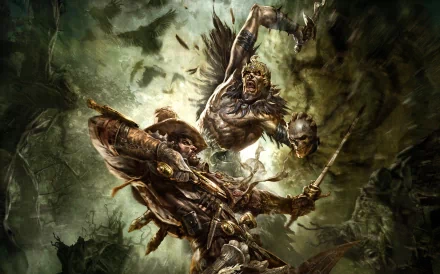 A dramatic scene from the Warhammer video game, featuring a fierce battle between a skilled warrior and a menacing creature, set against a dark, atmospheric backdrop. HD desktop wallpaper.