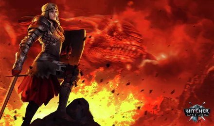 Armored warrior with sword and shield on a rock before a fiery dragon silhouette; The Witcher: Battle Arena video game 2K Quad HD PC desktop wallpaper and background.