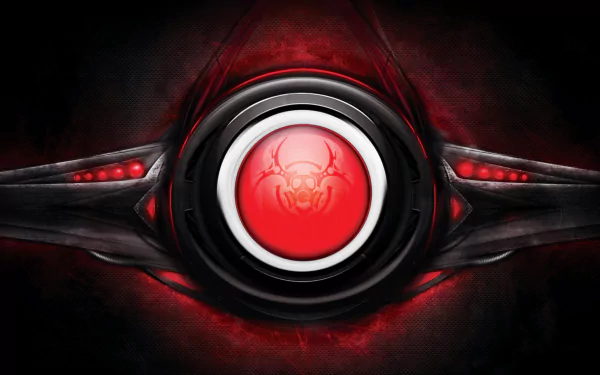 Sci-fi biohazard emblem: glowing red orb with skull hazard icon in a black metallic ring and red lights — 5K Ultra HD PC desktop wallpaper background