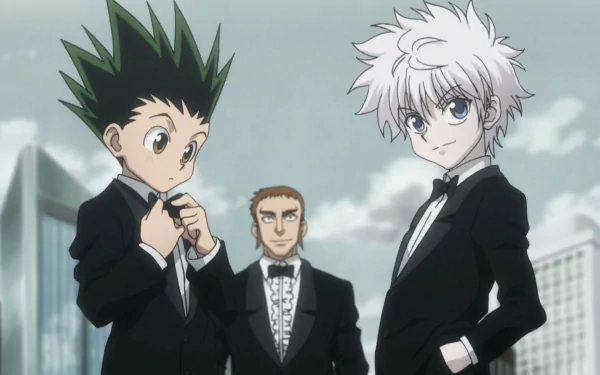 HD wallpaper of Gon Freecss and Killua Zoldyck from Hunter x Hunter in suits against a city backdrop.