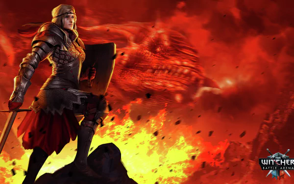 Armored warrior with sword and shield on a rock before a fiery dragon silhouette; The Witcher: Battle Arena video game 2K Quad HD PC desktop wallpaper and background.