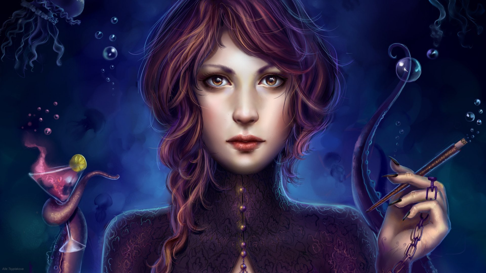 Fantasy portrait of a mysterious woman with violet hair and glowing eyes, clutching arcane instruments — 2K Quad HD PC desktop wallpaper and background.