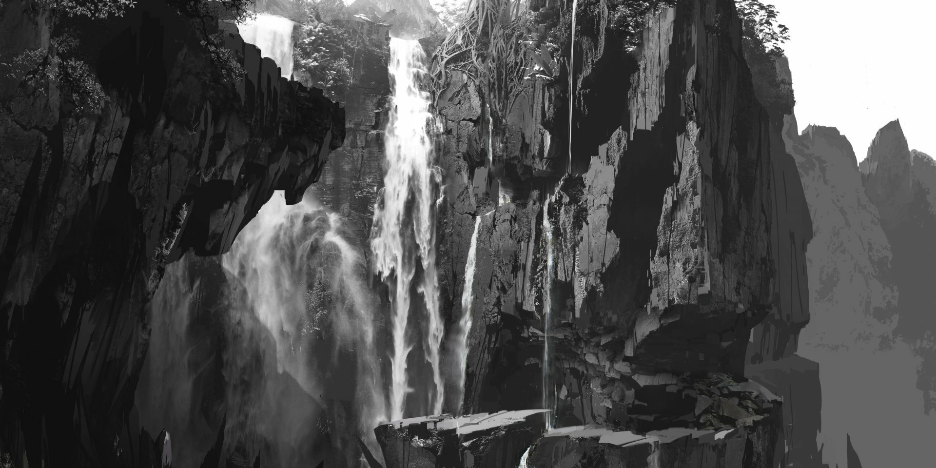 A stunning HD wallpaper from the video game Uncharted 4: A Thief's End, featuring majestic waterfalls cascading down rugged cliffs, surrounded by lush greenery.