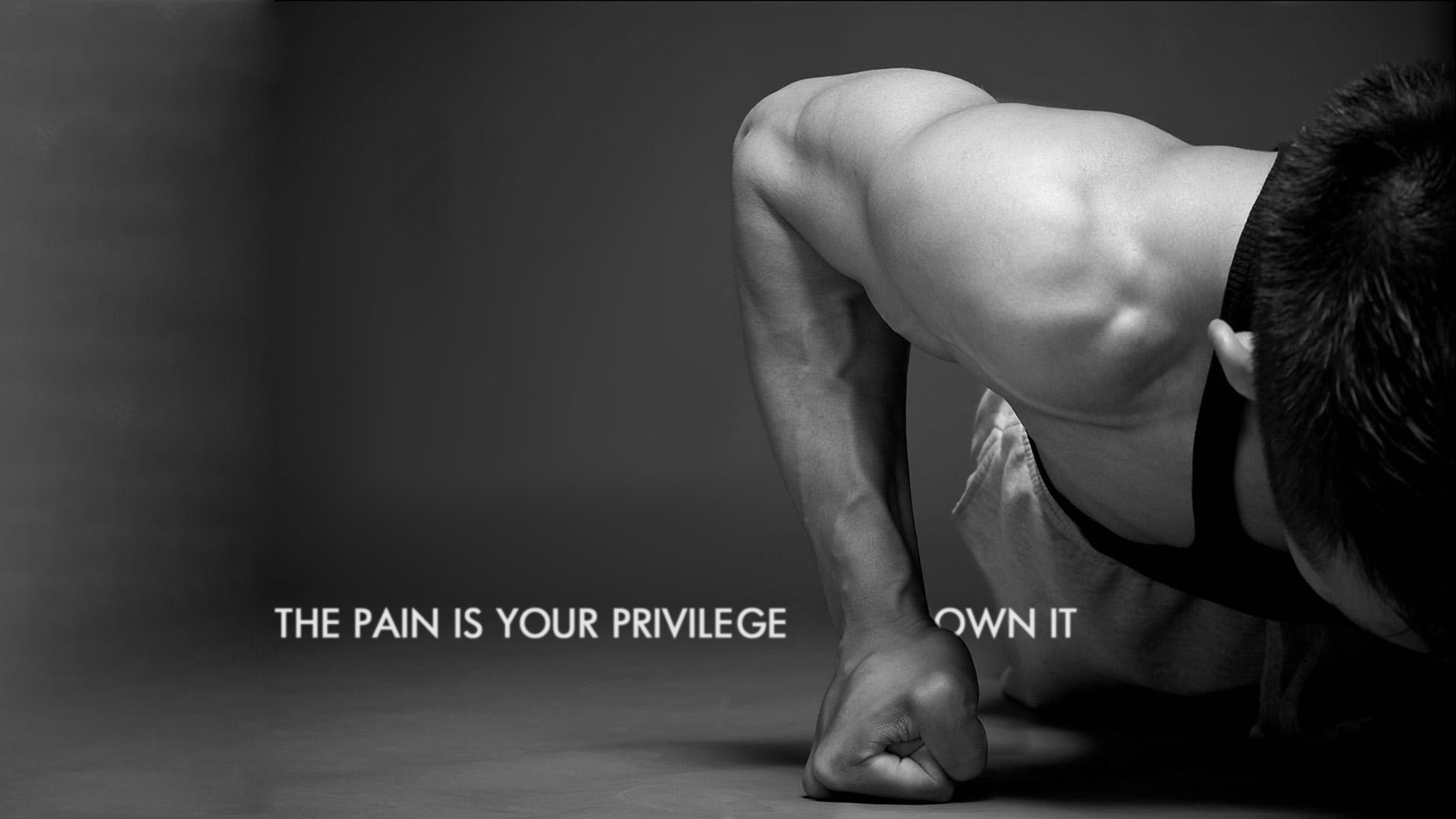 HD desktop wallpaper featuring a close-up of a person doing a push-up with the motivational text, The pain is your privilege. Own it, set against a dark background.