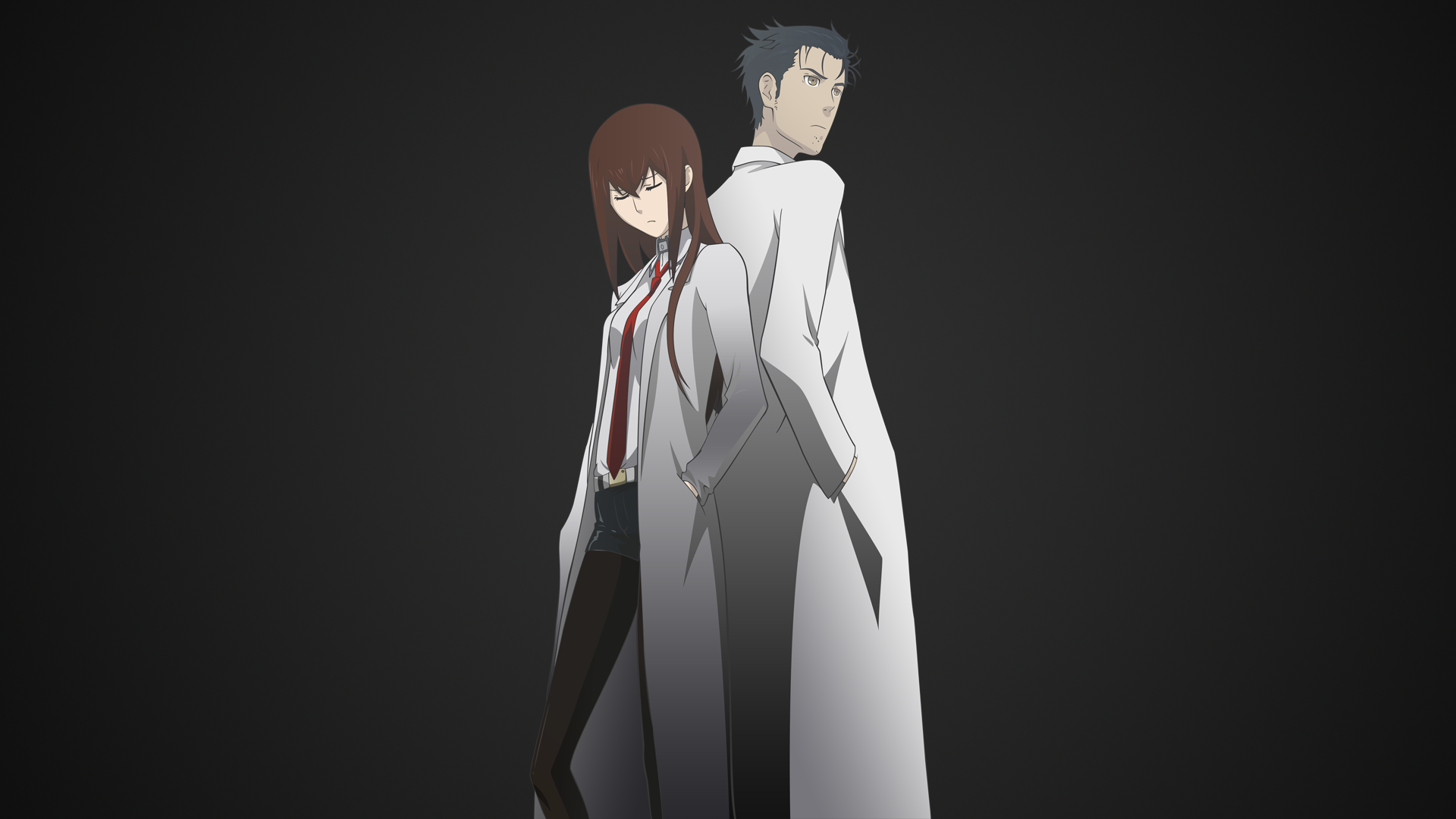 HD wallpaper featuring characters from the anime Steins;Gate, showcasing a dramatic pose with a dark background, emphasizing their contrasting personalities.