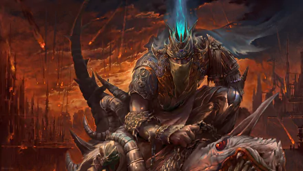 HD fantasy warrior in detailed armor with a glowing blue crown, crouching victoriously atop a fallen beast against a fiery, war-torn background.