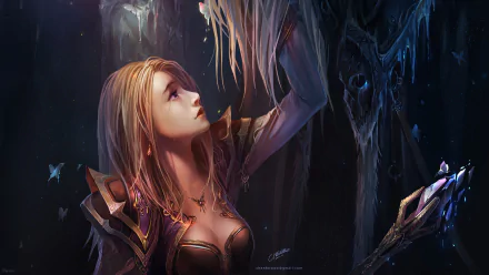 HD desktop wallpaper featuring a female World of Warcraft character in armor, looking upwards, surrounded by magical elements and darkness.