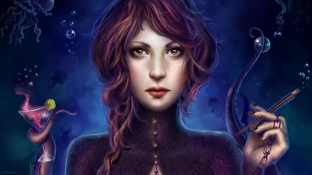 Fantasy portrait of a mysterious woman with violet hair and glowing eyes, clutching arcane instruments — 2K Quad HD PC desktop wallpaper and background.