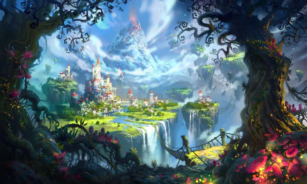 A vibrant fantasy city nestled among lush greenery and cascading waterfalls, with majestic mountains in the background, creating a captivating HD desktop wallpaper.