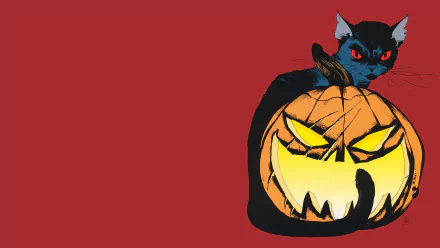 HD PC desktop wallpaper: comic-style Catwoman black cat with red eyes perched on a glowing jack-o'-lantern, Batman: The Long Halloween vibe on a crimson background.