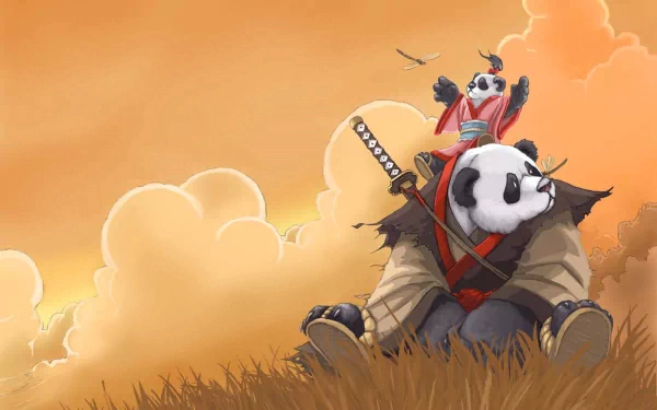HD desktop wallpaper depicting a fantasy scene of two pandas dressed as samurais in a grassy field with a cloudy orange sky. One panda sits while the other stands on its shoulder holding a sword.