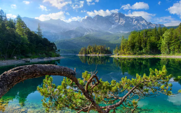 A stunning landscape of Bavaria, Germany, featuring a serene lake surrounded by lush forests and majestic mountains, showcasing the beauty of nature in high-definition.