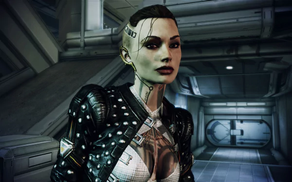 HD PC desktop wallpaper featuring Jack from the video game Mass Effect 3, showcasing her distinct cyberpunk style in a futuristic sci-fi corridor.
