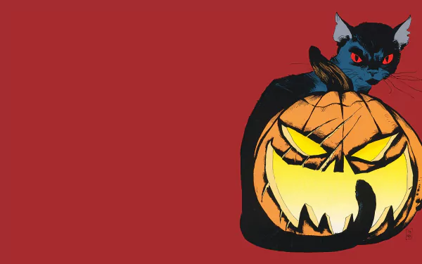 HD PC desktop wallpaper: comic-style Catwoman black cat with red eyes perched on a glowing jack-o'-lantern, Batman: The Long Halloween vibe on a crimson background.