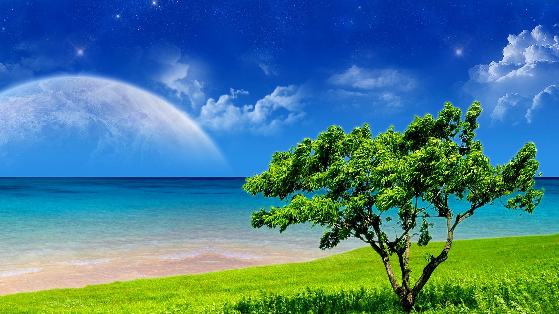 Download Sea Sky Tree Field Fantasy Landscape Fantasy Landscape HD Wallpaper