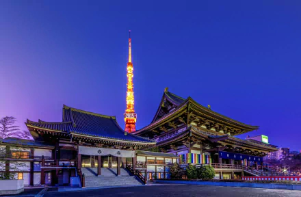 Night view of Zojo-Ji Temple with illuminated Tokyo Tower rising behind it in Tokyo, Japan — HD PC desktop wallpaper/background.