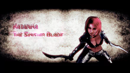 HD PC desktop wallpaper of Katarina (League of Legends), the Sinister Blade — crouched with dual blades in stylized video game art on a textured grunge background.