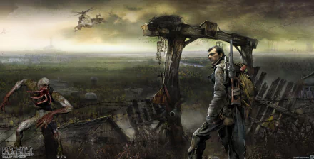 A dramatic HD wallpaper from S.T.A.L.K.E.R.: Call of Pripyat, featuring a lone stalker amidst a desolate landscape with a helicopter and eerie figures in the background.