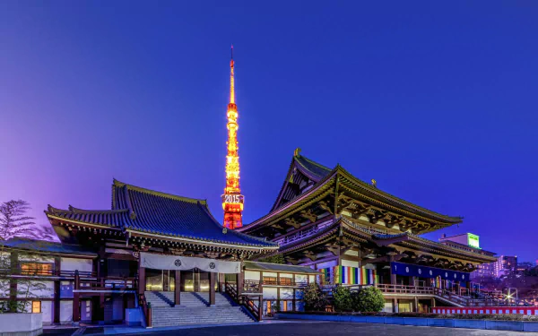 Night view of Zojo-Ji Temple with illuminated Tokyo Tower rising behind it in Tokyo, Japan — HD PC desktop wallpaper/background.
