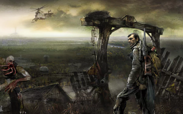 A dramatic HD wallpaper from S.T.A.L.K.E.R.: Call of Pripyat, featuring a lone stalker amidst a desolate landscape with a helicopter and eerie figures in the background.