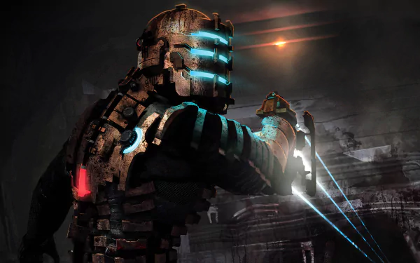 HD wallpaper featuring Isaac Clarke from the video game Dead Space, showcasing his iconic suit and weaponry in a dark, atmospheric environment.