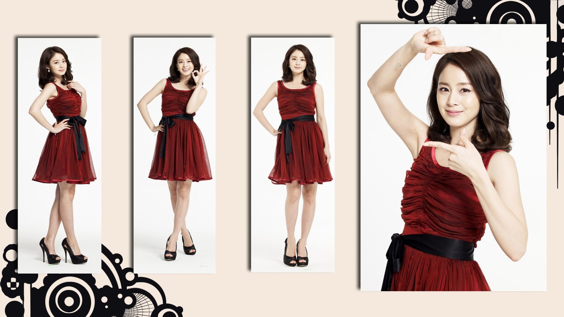 HD PC desktop wallpaper featuring celebrity Kim Tae-hee smiling confidently in a stylish red dress, captured in multiple poses with a modern decorative background.