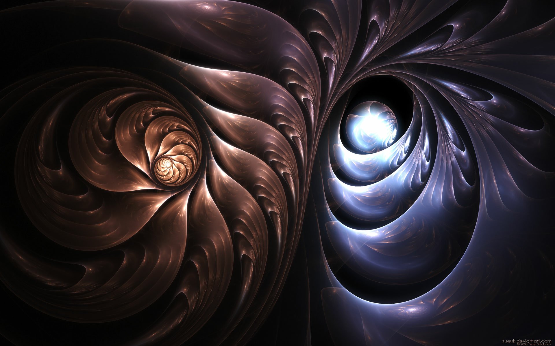 HD desktop wallpaper featuring an artistic CGI interpretation of shells with a complex pattern of swirling textures and a rich color palette of dark browns and blues.