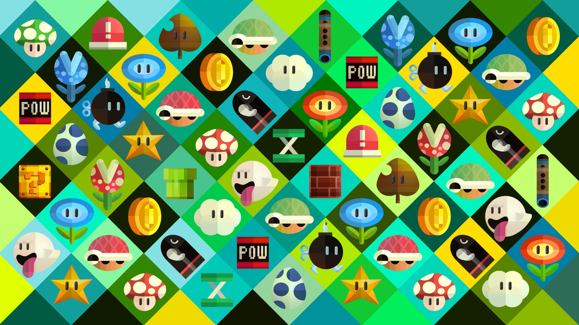 HD desktop wallpaper with a colorful collage of Mario-themed icons and elements.