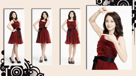 HD PC desktop wallpaper featuring celebrity Kim Tae-hee smiling confidently in a stylish red dress, captured in multiple poses with a modern decorative background.