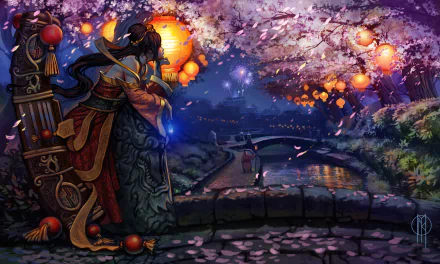 A vibrant HD wallpaper featuring Jax and Sona from League of Legends, set against a serene night scene with cherry blossoms and glowing lanterns.