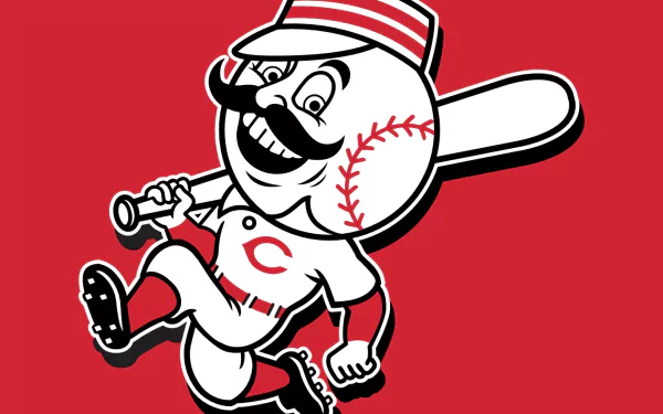 Retro cartoon baseball mascot with mustache and bat on a bold red field - HD PC desktop wallpaper background highlighting baseball and sports.