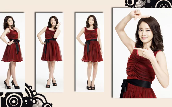 HD PC desktop wallpaper featuring celebrity Kim Tae-hee smiling confidently in a stylish red dress, captured in multiple poses with a modern decorative background.