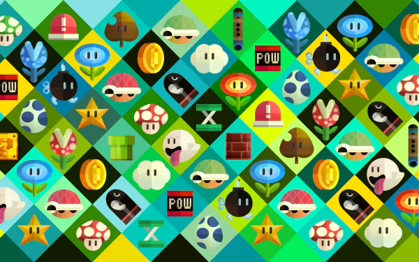 HD desktop wallpaper with a colorful collage of Mario-themed icons and elements.