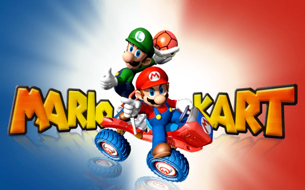 HD wallpaper featuring Mario and Luigi from Mario Kart: Double Dash‼, racing in a go-kart, with the game's logo in the foreground.