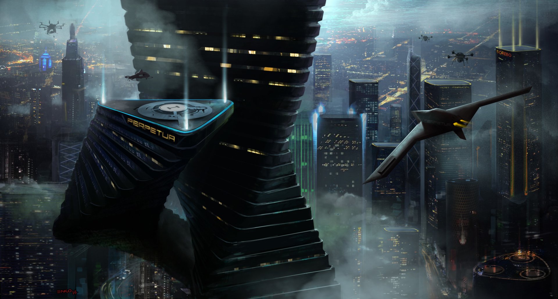 A stunning sci-fi cityscape featuring towering futuristic buildings, illuminated by vibrant lights, with flying vehicles navigating through a misty urban environment. HD desktop wallpaper.