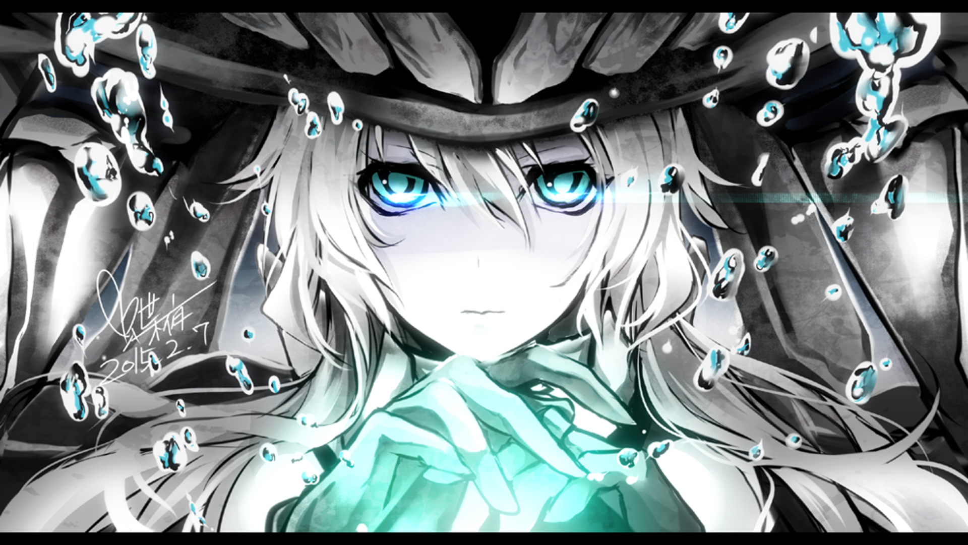 HD PC desktop wallpaper featuring an intense anime character from Kantai Collection, with glowing blue eyes and dynamic water-like effects surrounding them.