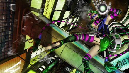 HD PC desktop wallpaper featuring Jinx from the video game League of Legends in a dynamic action pose with vibrant neon colors and a futuristic cityscape background.