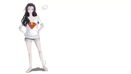 A high-definition wallpaper featuring Raven from DC Comics, styled in a casual shirt with a Superman logo, representing her connection to the Teen Titans, against a clean white background.