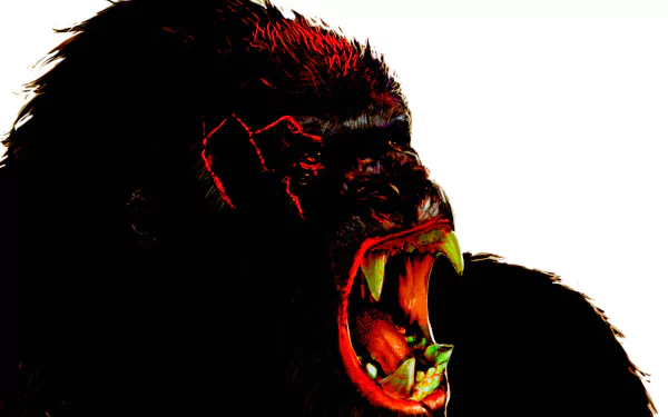 A fierce, menacing gorilla with vibrant red accents, inspired by King Kong from the 1976 movie, makes for a striking and dramatic HD desktop wallpaper.