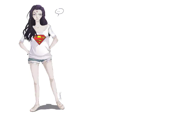 A high-definition wallpaper featuring Raven from DC Comics, styled in a casual shirt with a Superman logo, representing her connection to the Teen Titans, against a clean white background.