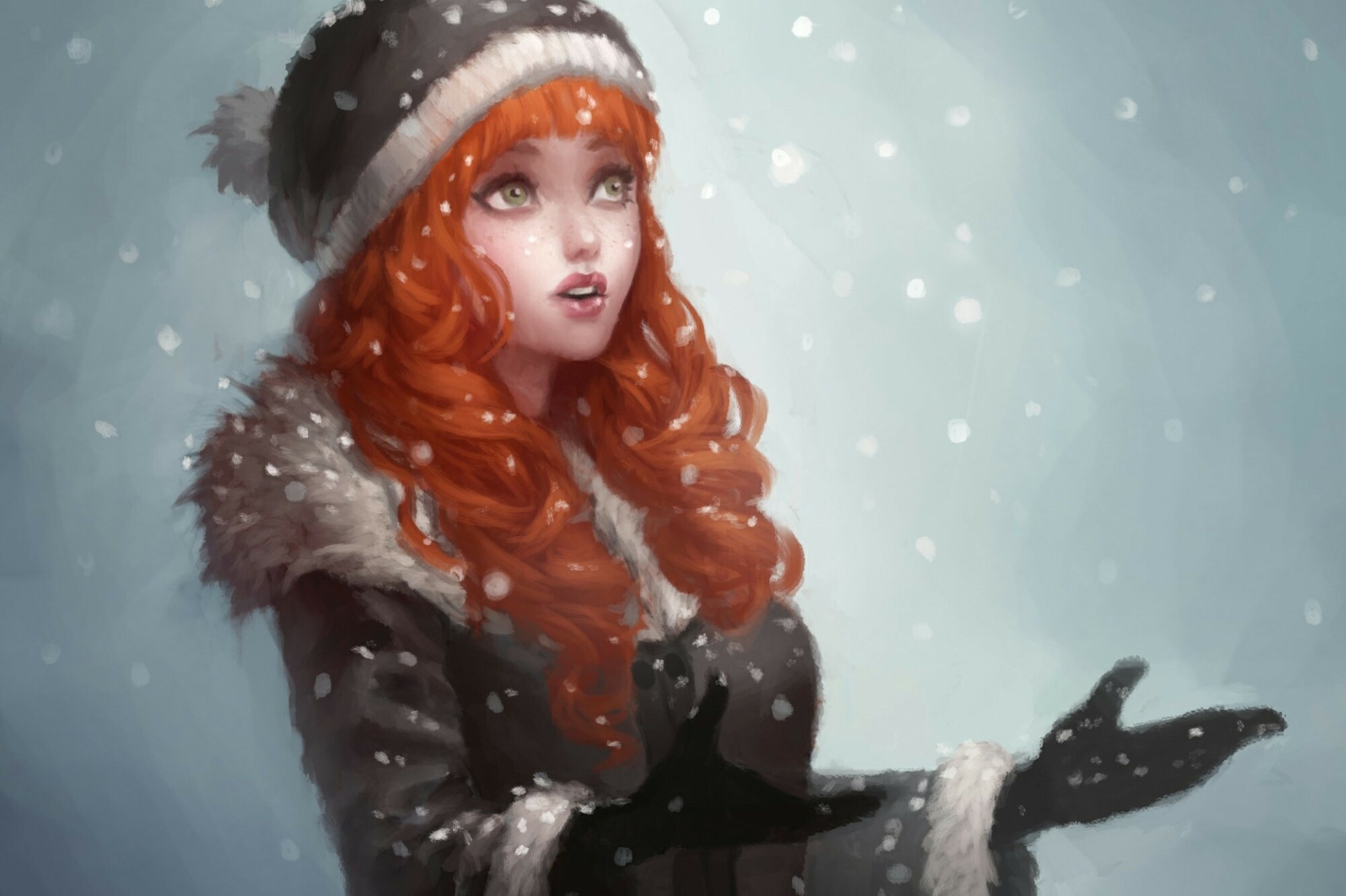 Artistic HD PC desktop wallpaper/background of a freckled red-haired woman in a fur-trimmed winter coat and hat, reaching out to catch delicate snowflakes in a gentle snowfall.