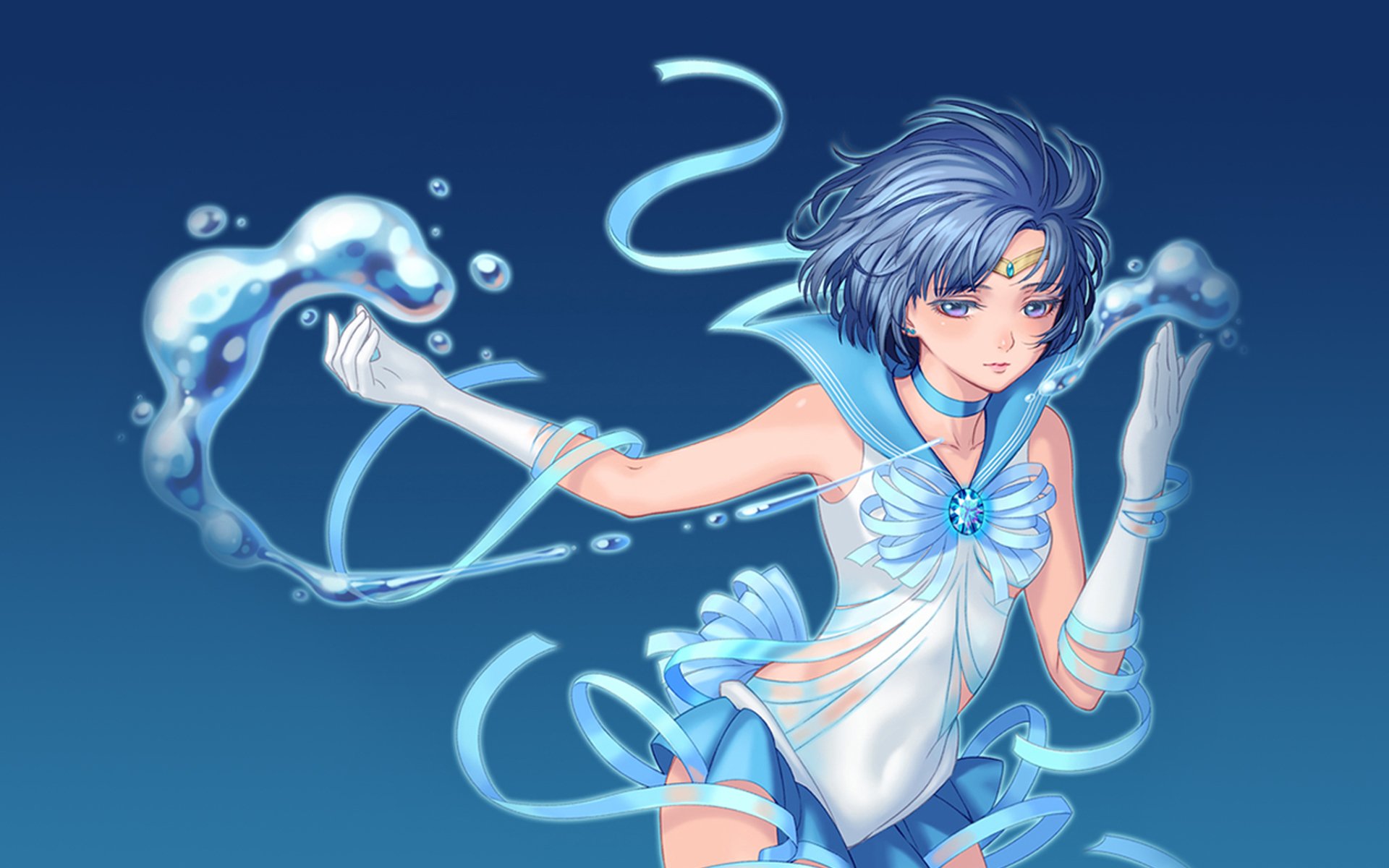 A vibrant anime illustration featuring a character reminiscent of Sailor Moon, adorned in aquatic-themed attire with flowing ribbons and bubbles against a blue background.