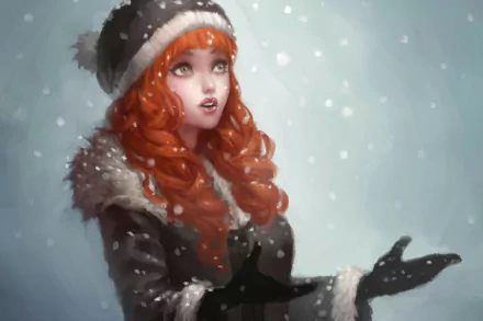Artistic HD PC desktop wallpaper/background of a freckled red-haired woman in a fur-trimmed winter coat and hat, reaching out to catch delicate snowflakes in a gentle snowfall.